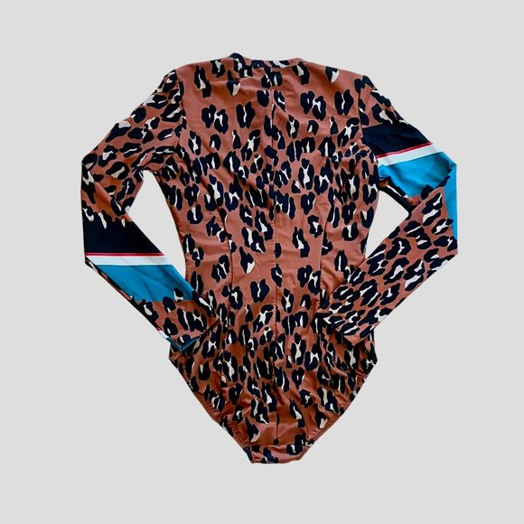 Rachel Comey Long Sleeve Leopard Print Stripe Accent Front Zip One Piece Swim - Picture 10 of 12